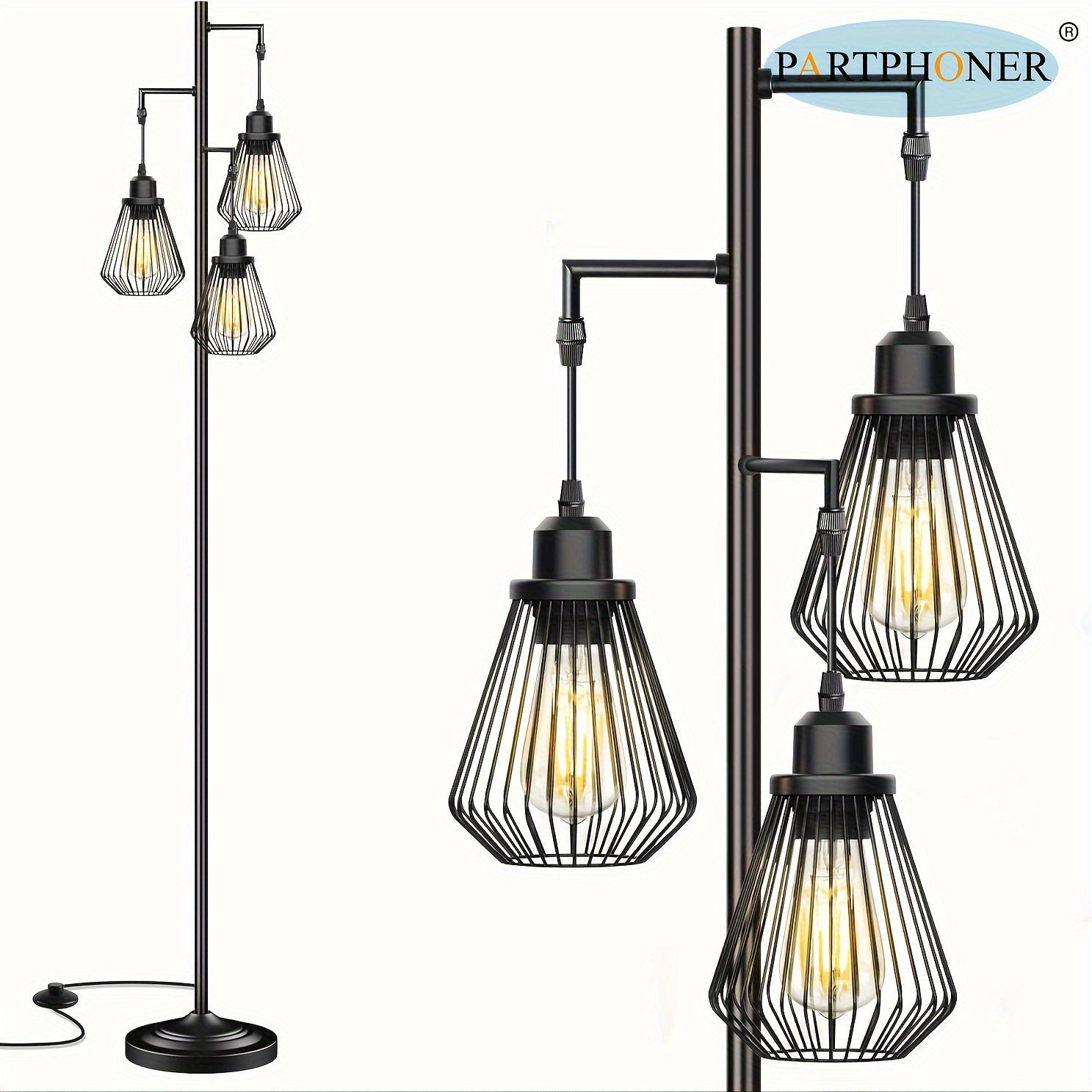 Lámpara de Pie Industrial con Pantallas de Jaula de Vidrio