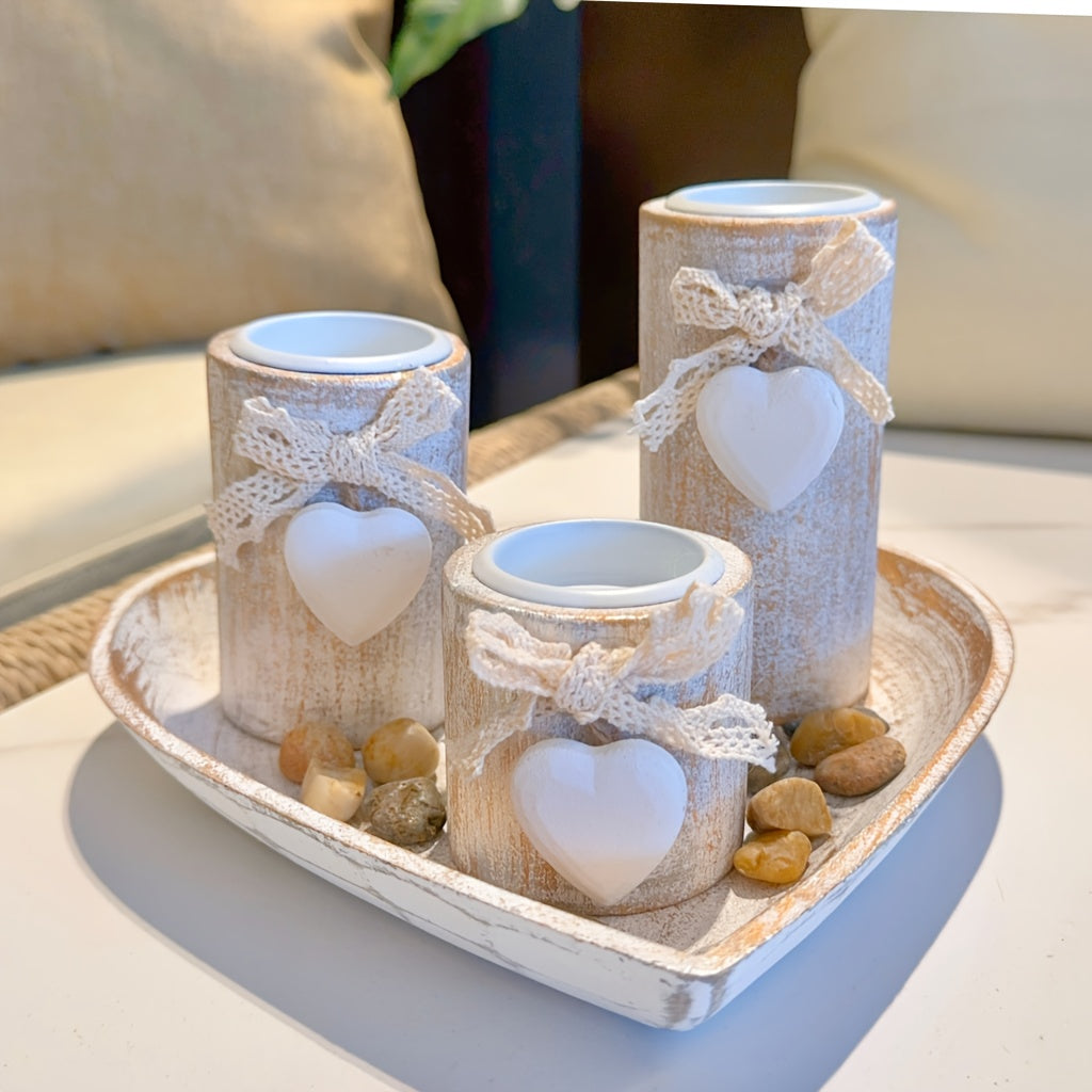 Set de Portavelas de Madera Blanca, Decoración Elegante para el Hogar