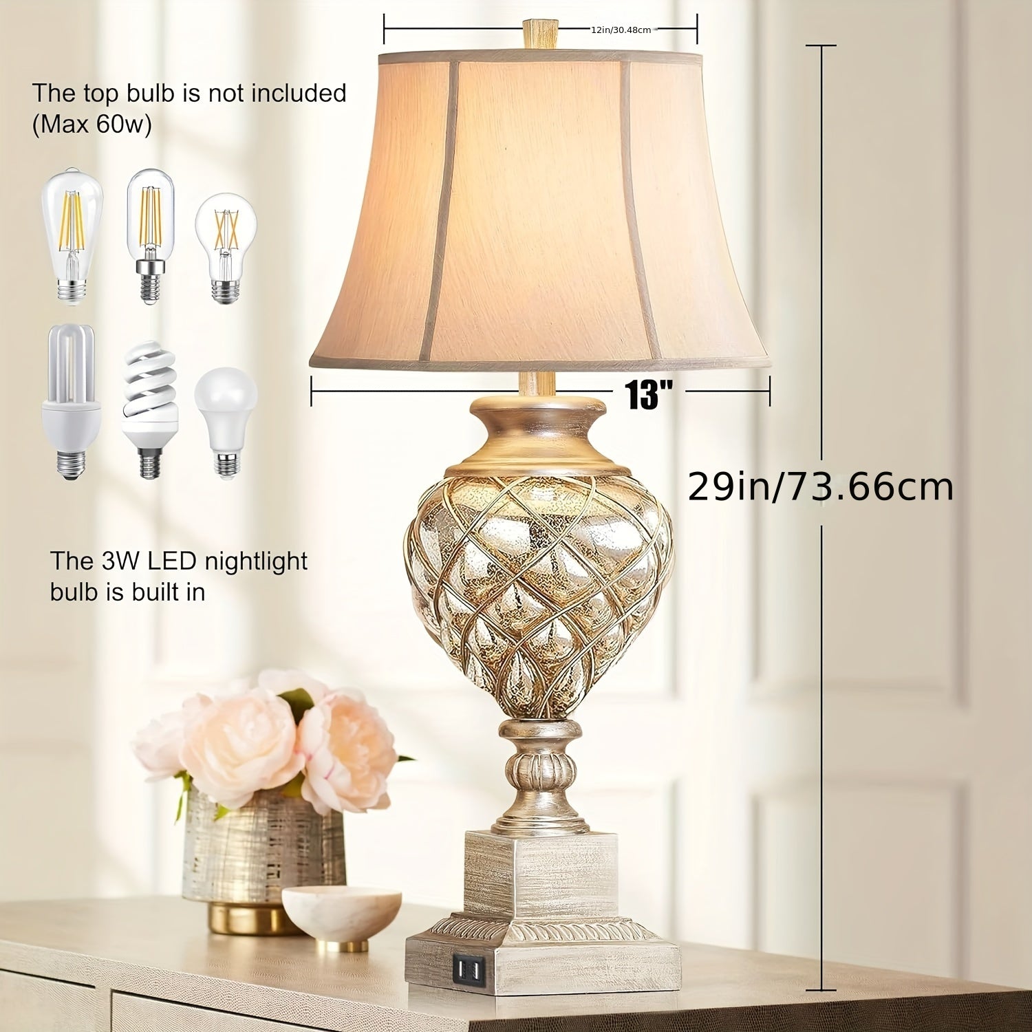 Set de 2 Pantallas de Mesa Estilo Rústico Francés, Vidrio Plateado