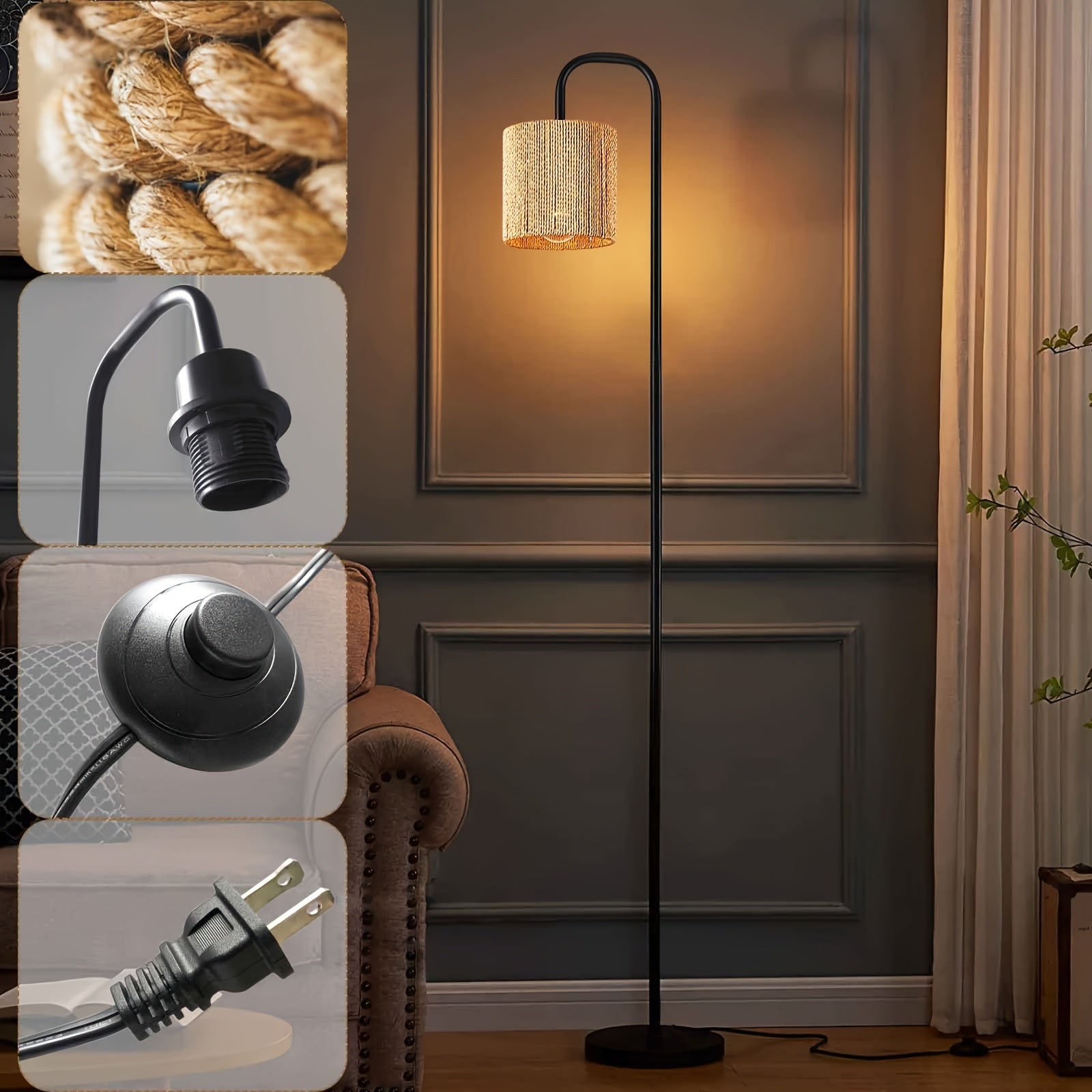 Lámpara de Pie Industrial con Pantalla de Ratán y Base Metálica