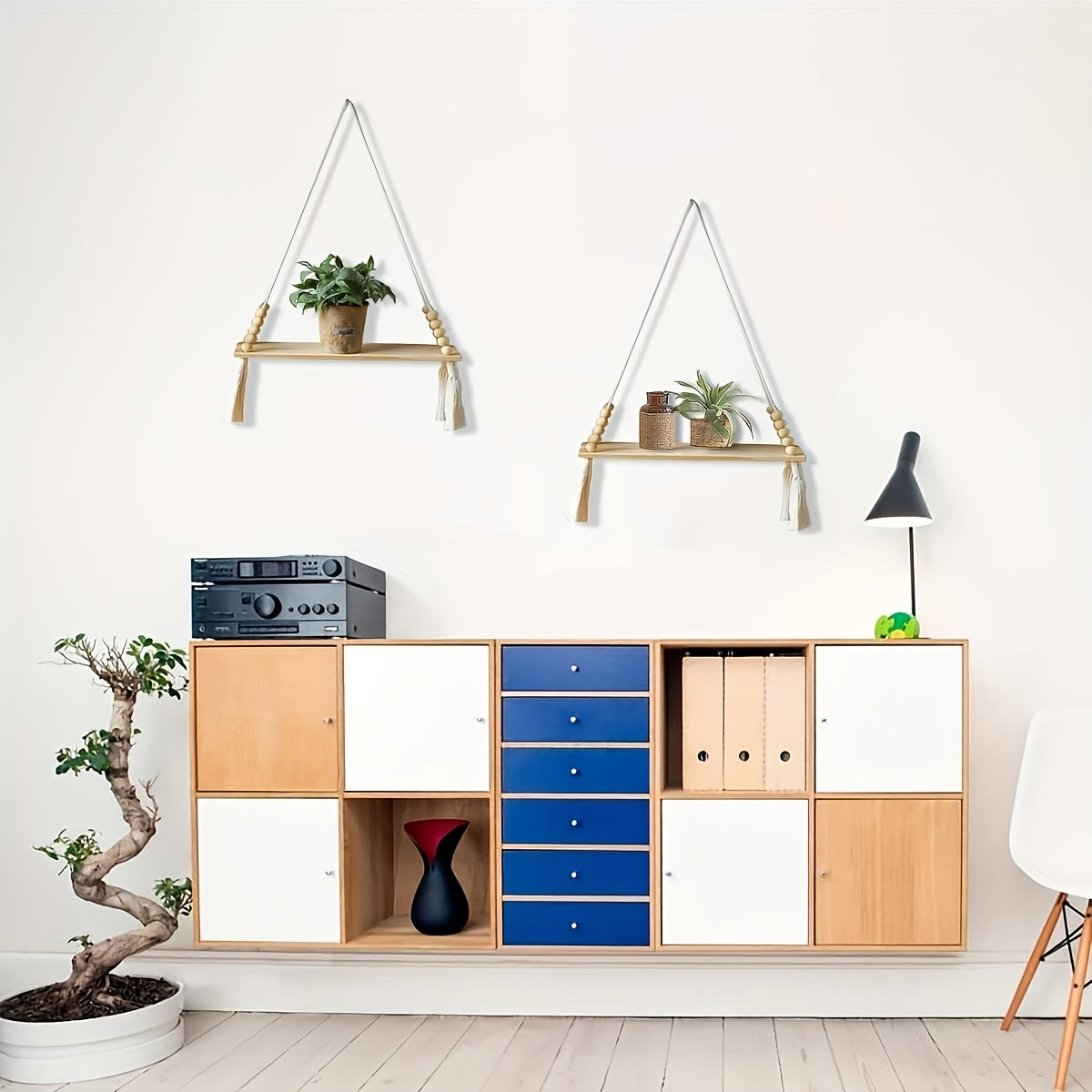 Estantería Colgante Boho de Madera con Macramé y Flecos