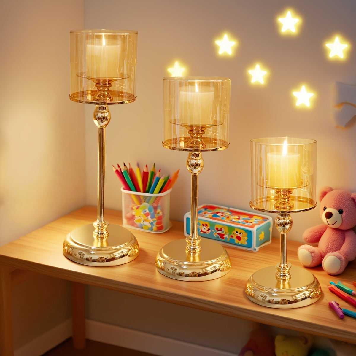 Set de 3 Elegantes Portavelas de Metal y Cristal - Decoración Romántica