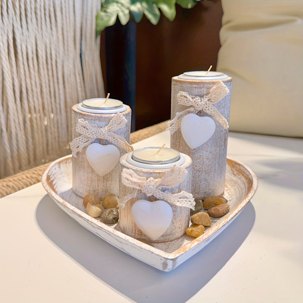 Set de Portavelas de Madera Blanca, Decoración Elegante para el Hogar