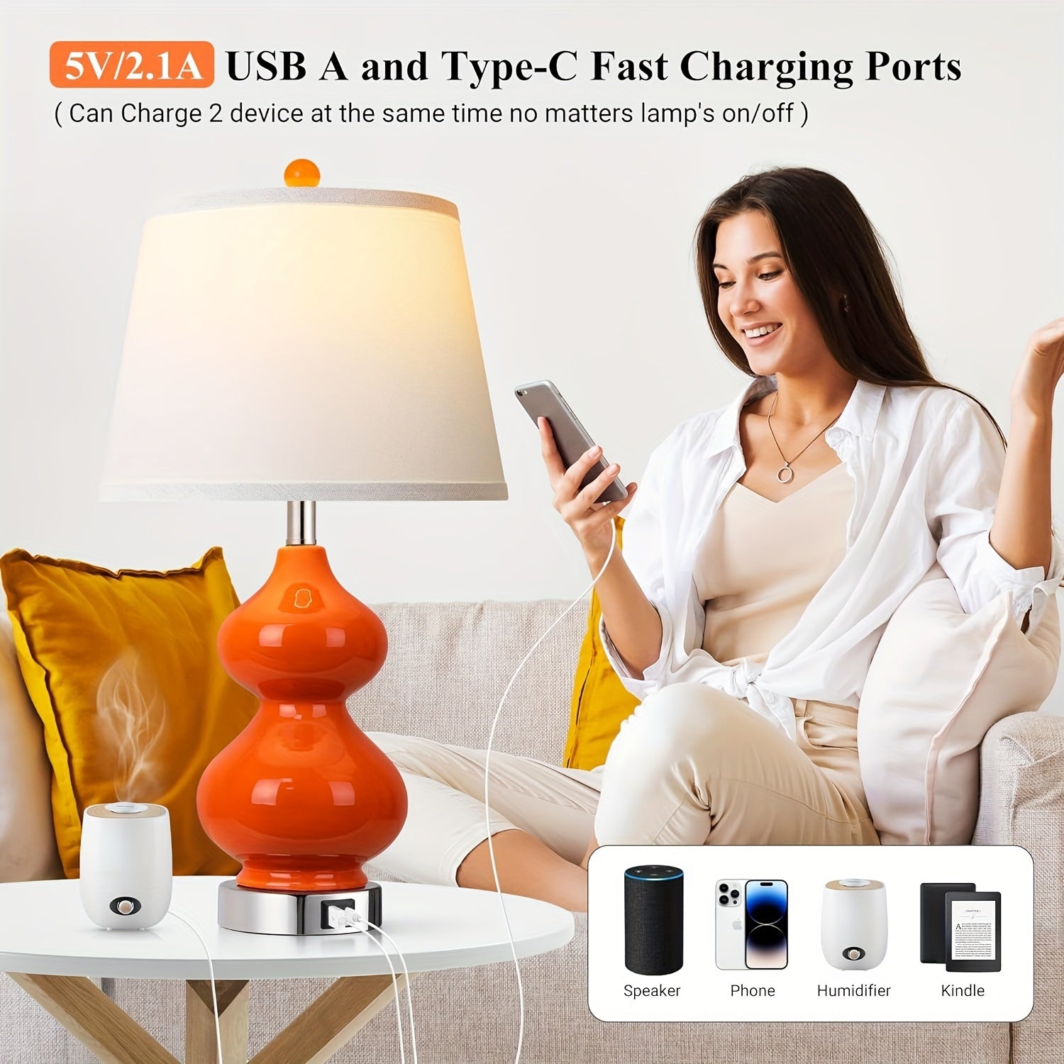 Lámparas de Mesa Modernas Naranja con Puertos USB, Set de 2