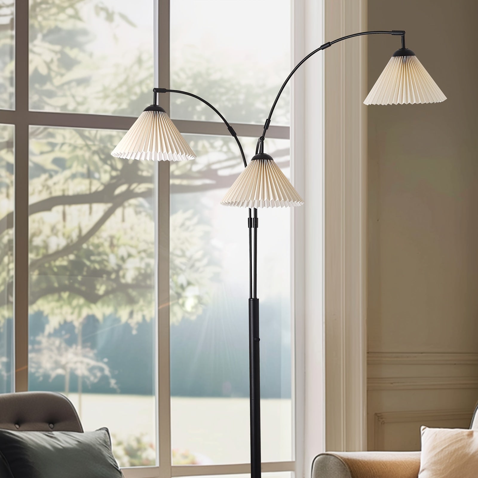Lámpara de Pie con Arcos Giratorios y Pantallas de Lino
