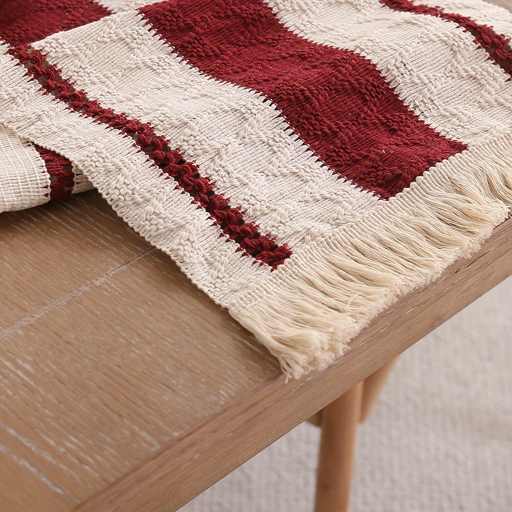 Camino de Mesa Rústico de Algodón-Lino con Borlas, Rojo Oscuro