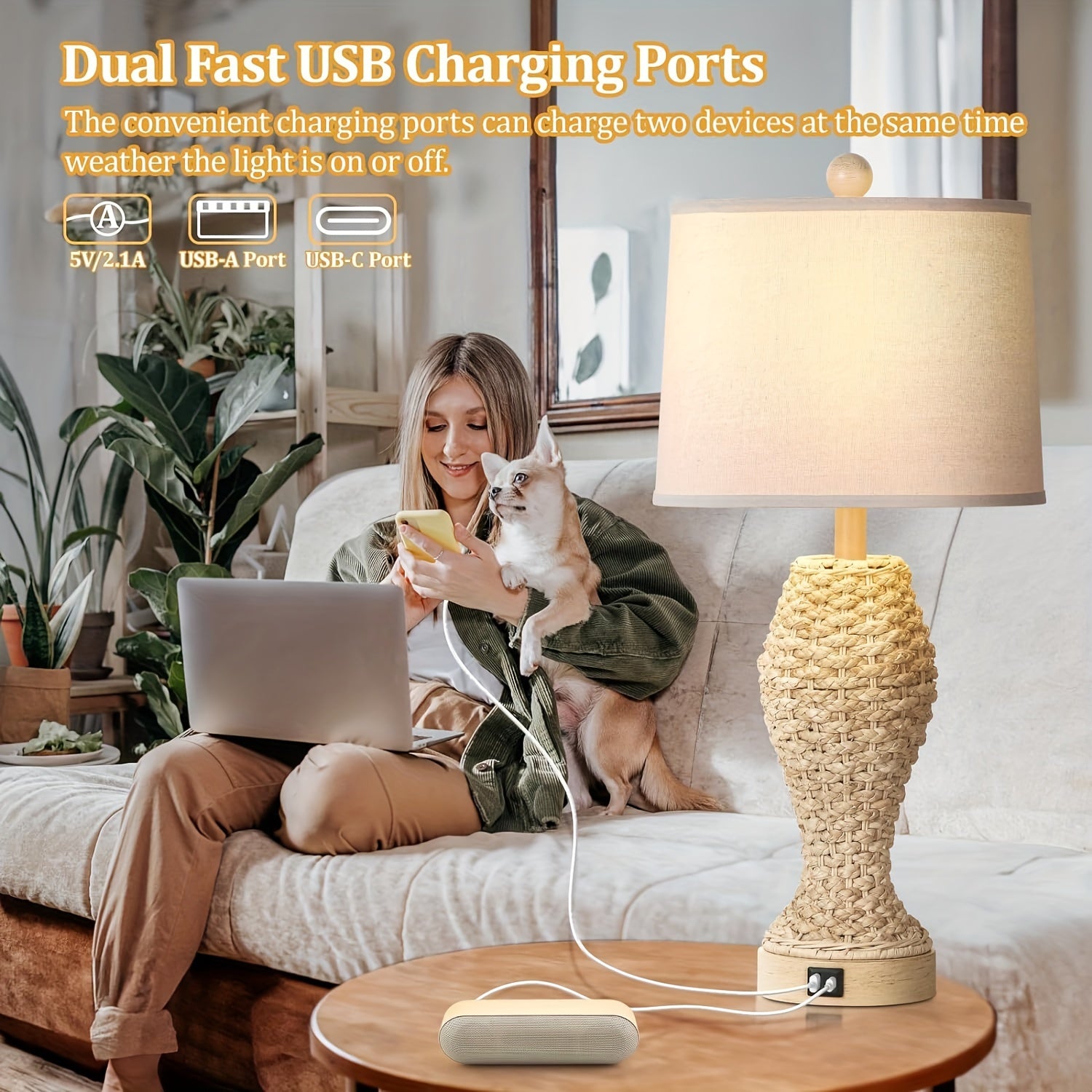 Lámparas de Mesa de Ratán para Dormitorio con USB, Set de 2