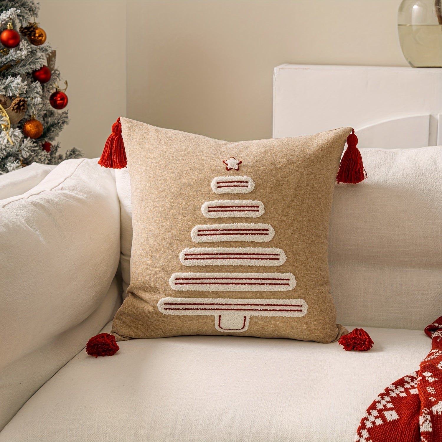 Funda de Cojín Bordada con Árbol de Navidad, 45x45 cm, Poliéster Suave