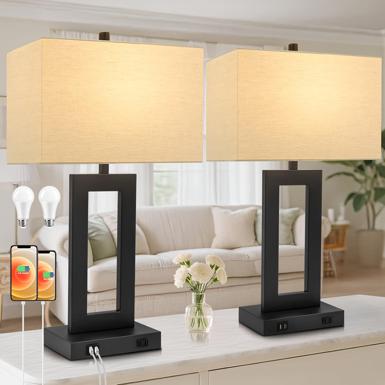 Set de 2 Lámparas de Mesa Táctiles con Puertos USB y Pantalla de Tela