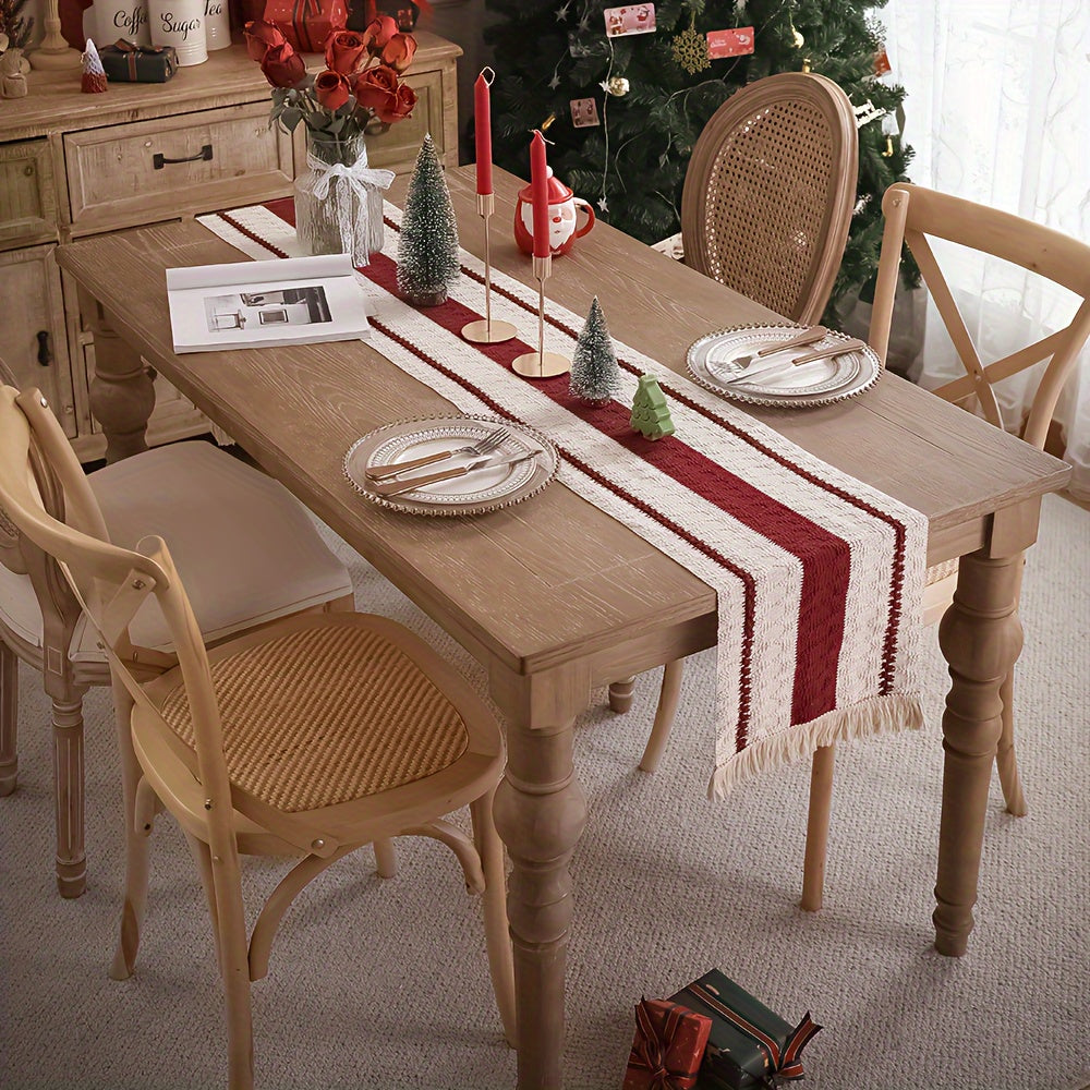 Camino de Mesa Rústico de Algodón-Lino con Borlas, Rojo Oscuro