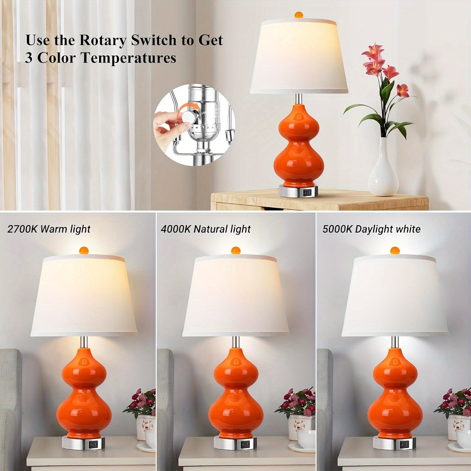 Lámparas de Mesa Modernas Naranja con Puertos USB, Set de 2