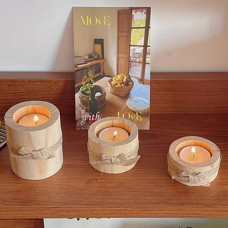 Portavelas Rústicos de Madera - Set de 3 Candelabros de Pino