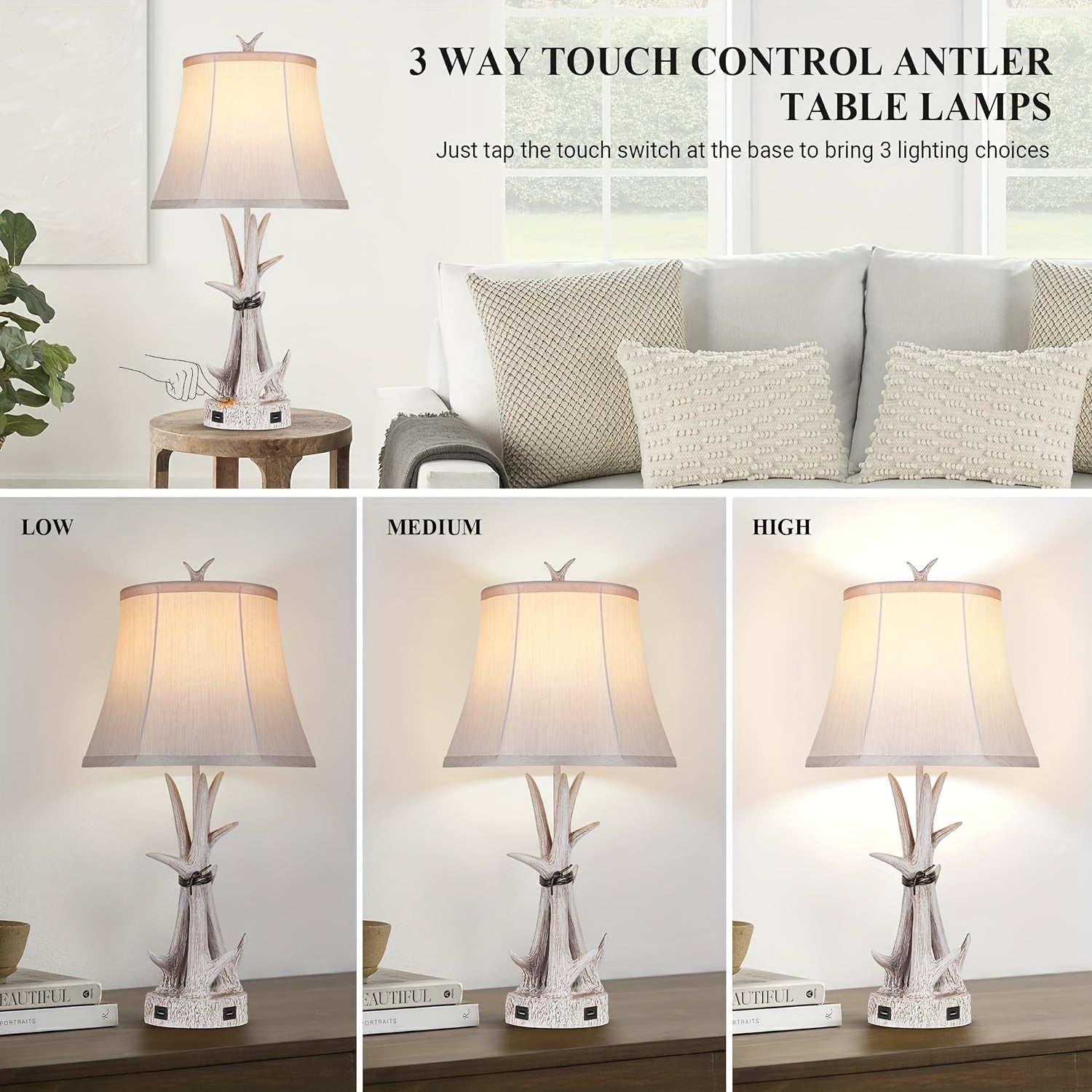 Lámparas de Mesa con Puertos USB, Estilo Rústico (Blanco)