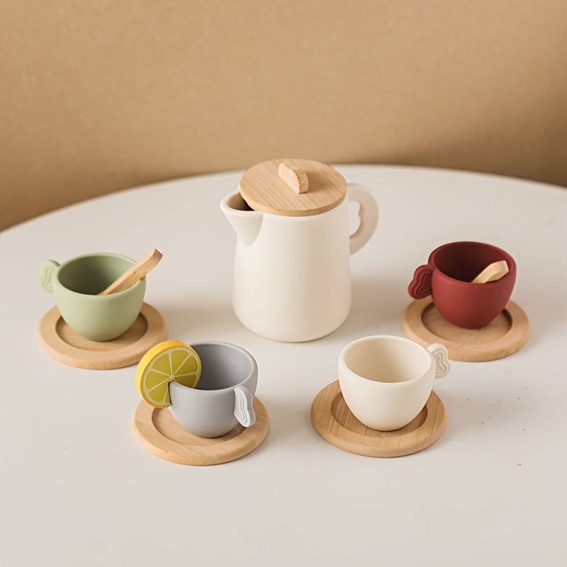 Set de Té de Silicona para Niños 3+ con Tetera y Tazas de Madera