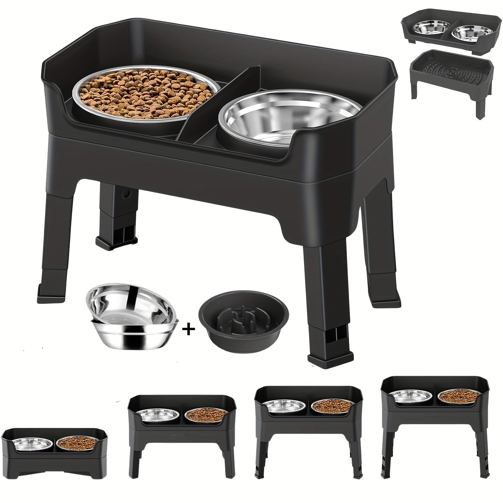 Comedero Elevado Ajustable 4 en 1 para Perros con Platos Acero Inoxidable