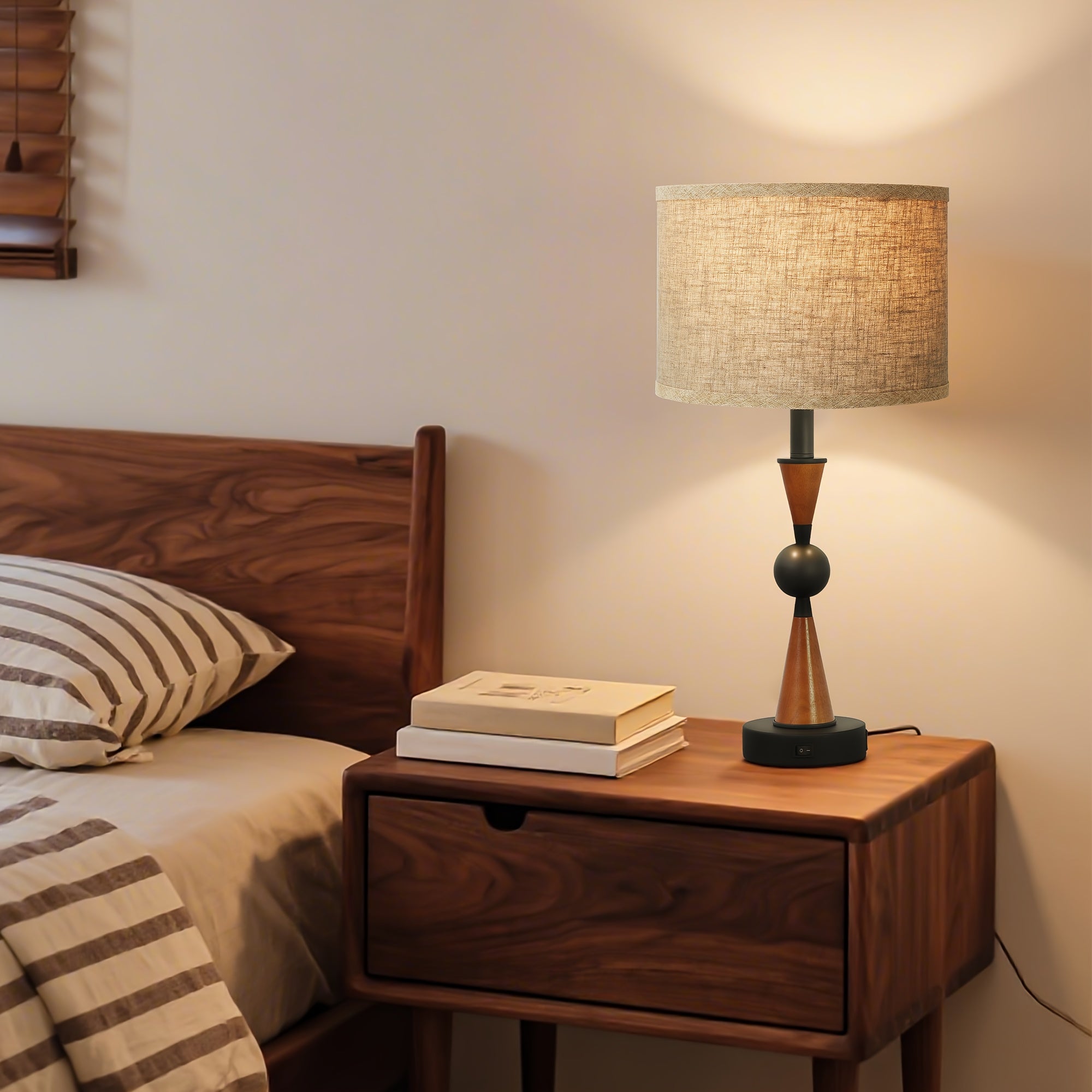 Lámpara de Mesa Doble USB-C y USB-A con Pantalla de Lino