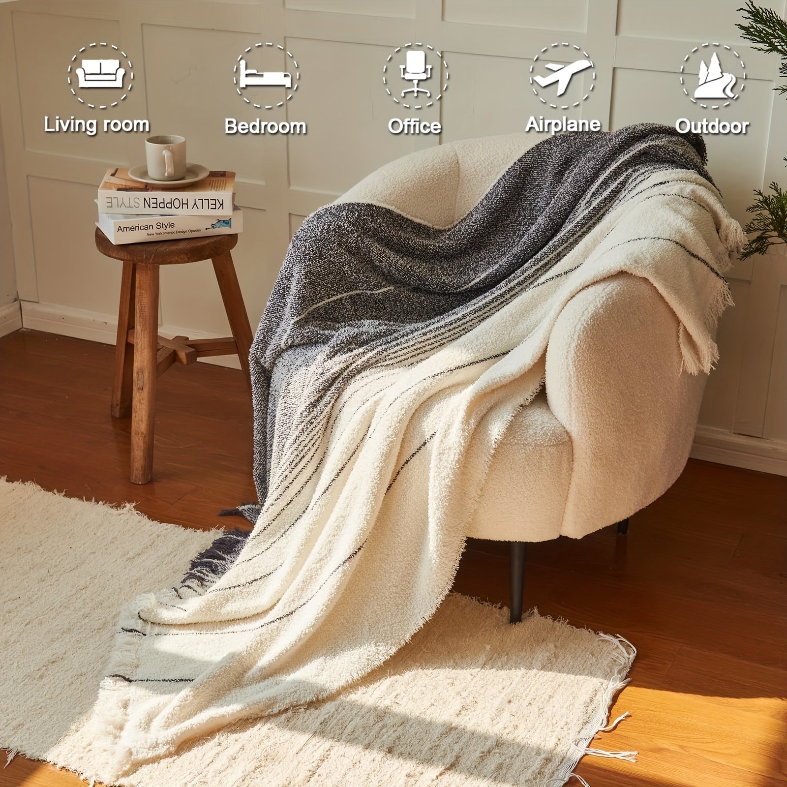 Manta Texturizada Negra con Flecos para Sofá y Cama