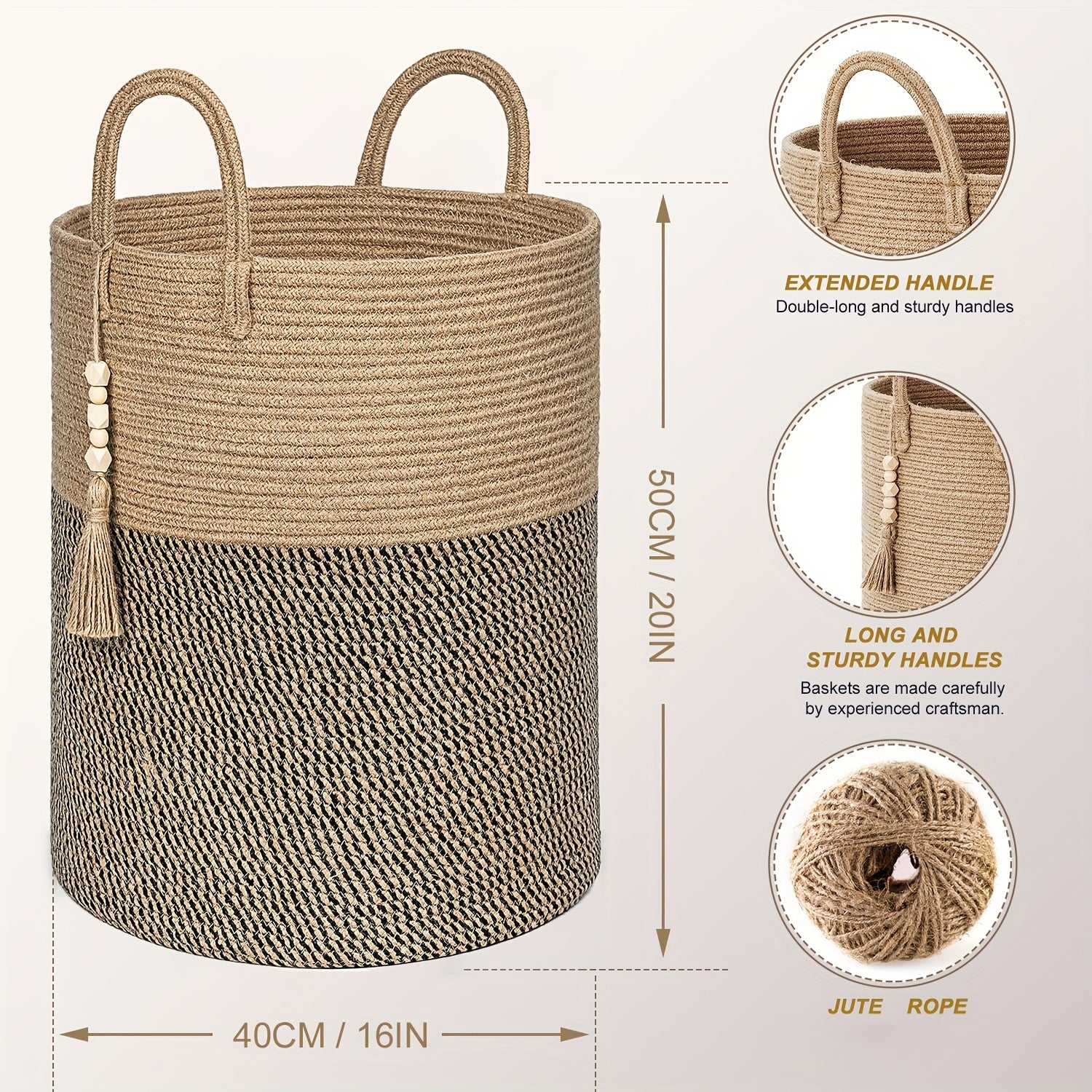 Cesta de almacenamiento plegable con asas beige y negra