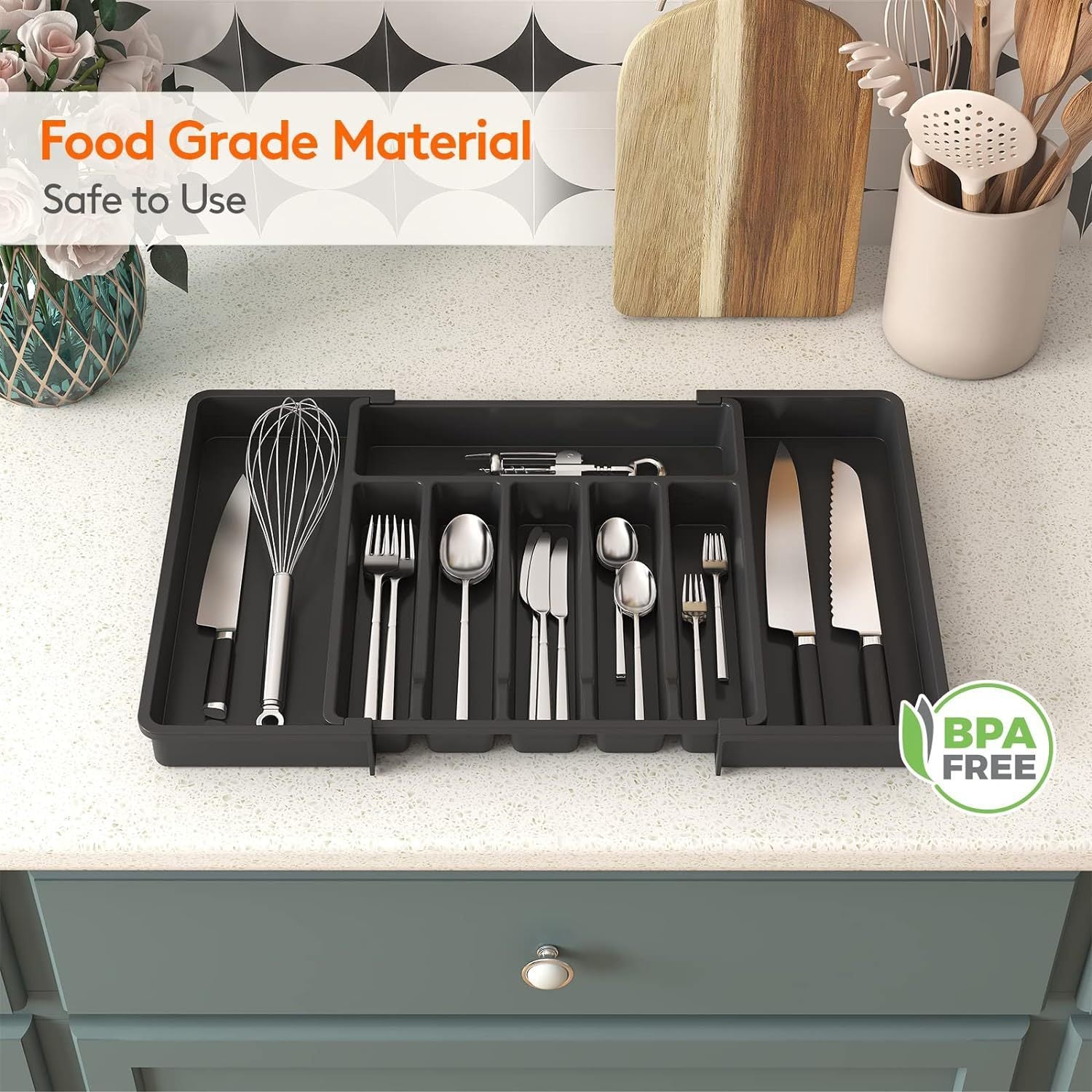 Organizador Expandible de Cajón para Cocina, Bandeja Ajustable para Cubiertos - Negro