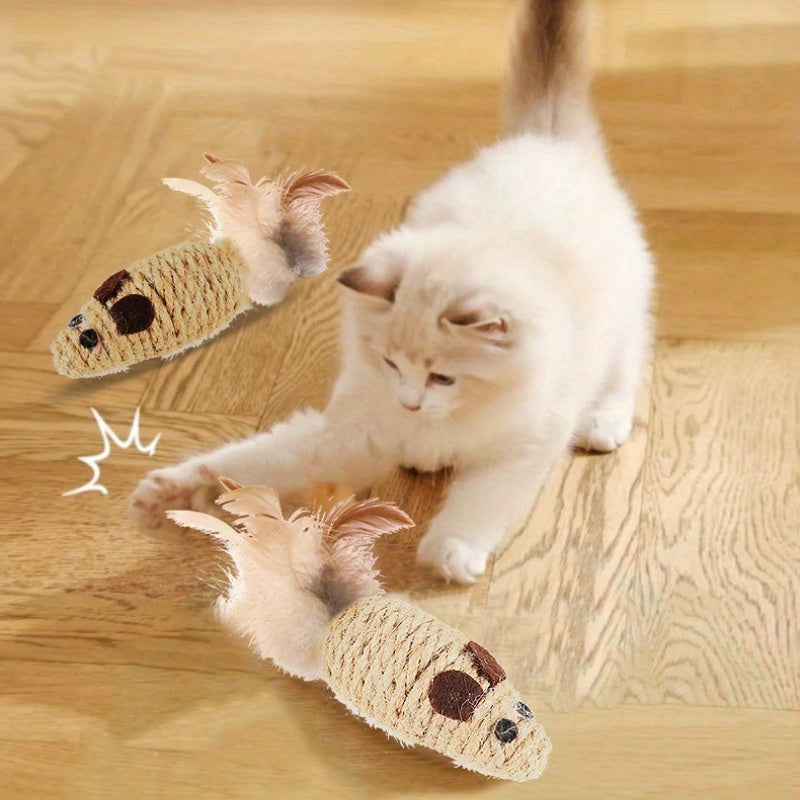 Pack de 3 Ratones Interactivos para Gatos con Cuerda de Cáñamo y Plumas