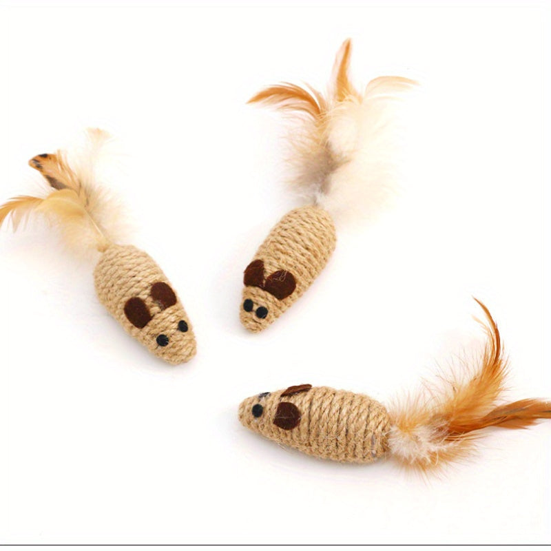 Pack de 3 Ratones Interactivos para Gatos con Cuerda de Cáñamo y Plumas