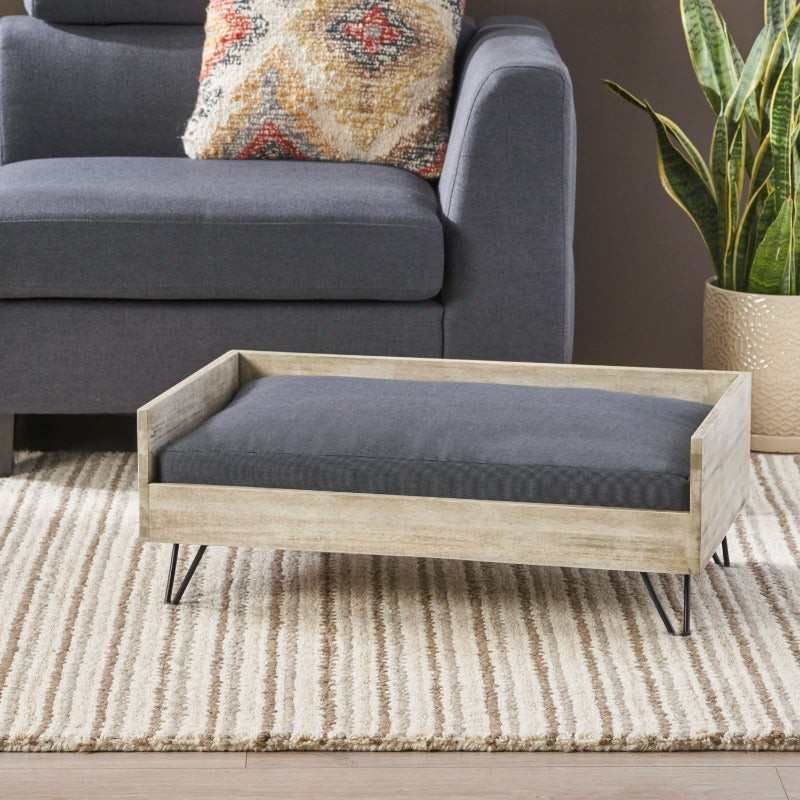 Cama Elevada para Perros con Cojín Extraíble y Estructura de Madera