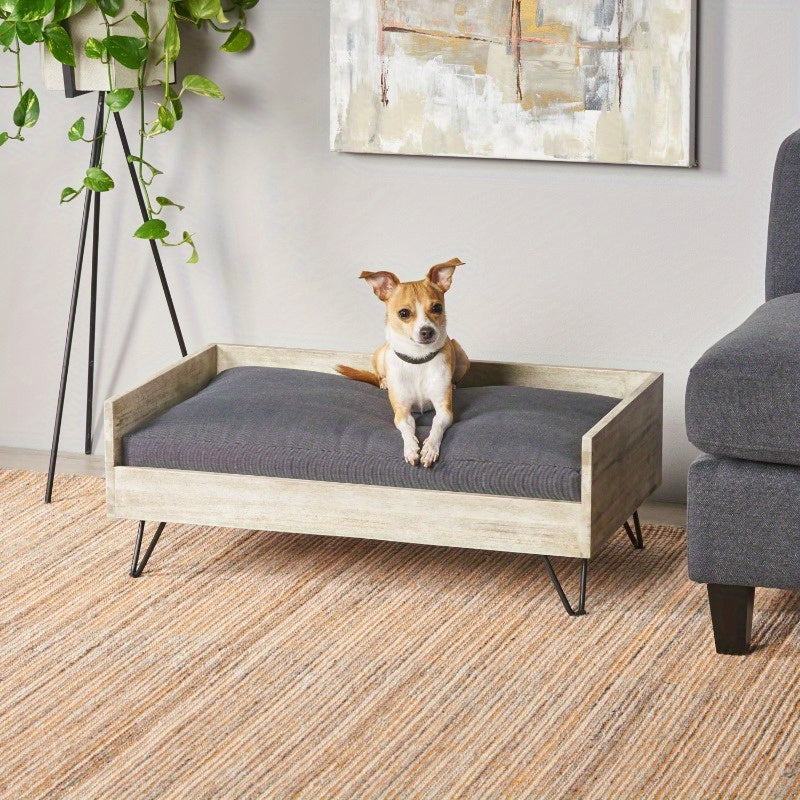 Cama Elevada para Perros con Cojín Extraíble y Estructura de Madera