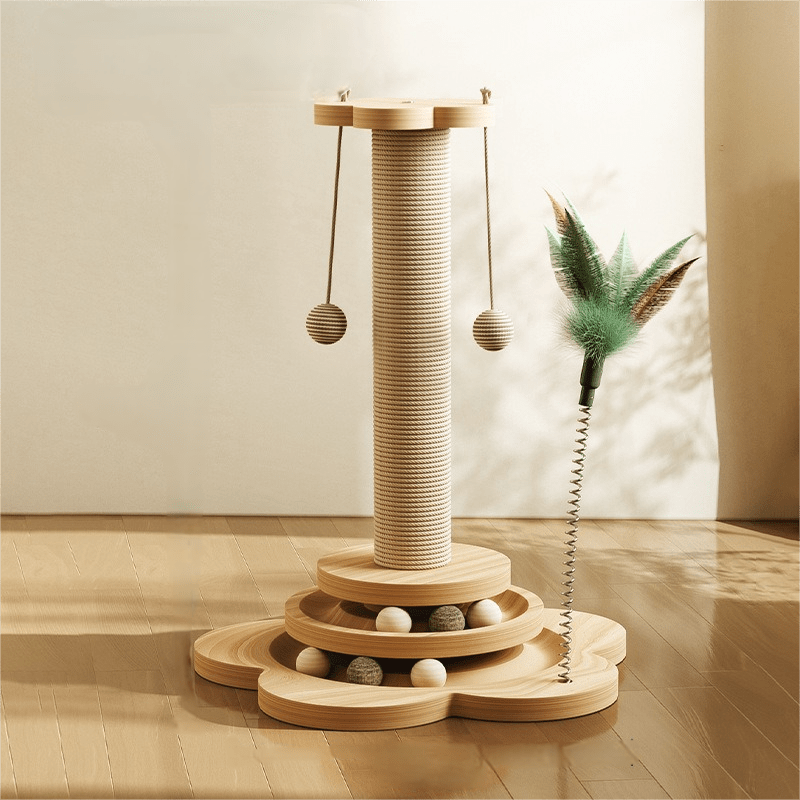 Árbol Interactivo para Gatos de Madera con Poste Rascador