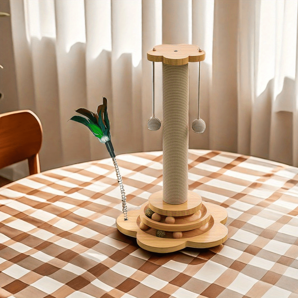 Árbol Interactivo para Gatos de Madera con Poste Rascador