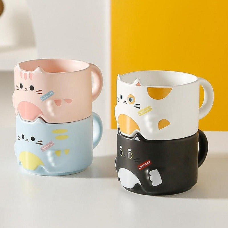 Taza de Cerámica con Diseño de Gato, Apilable, Ideal para Parejas