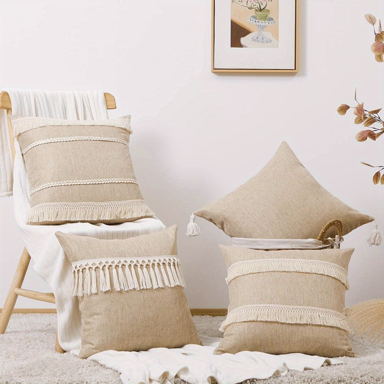 Juego de 4 Fundas de Cojín Beige de Lino Rústico para Sofá y Cama