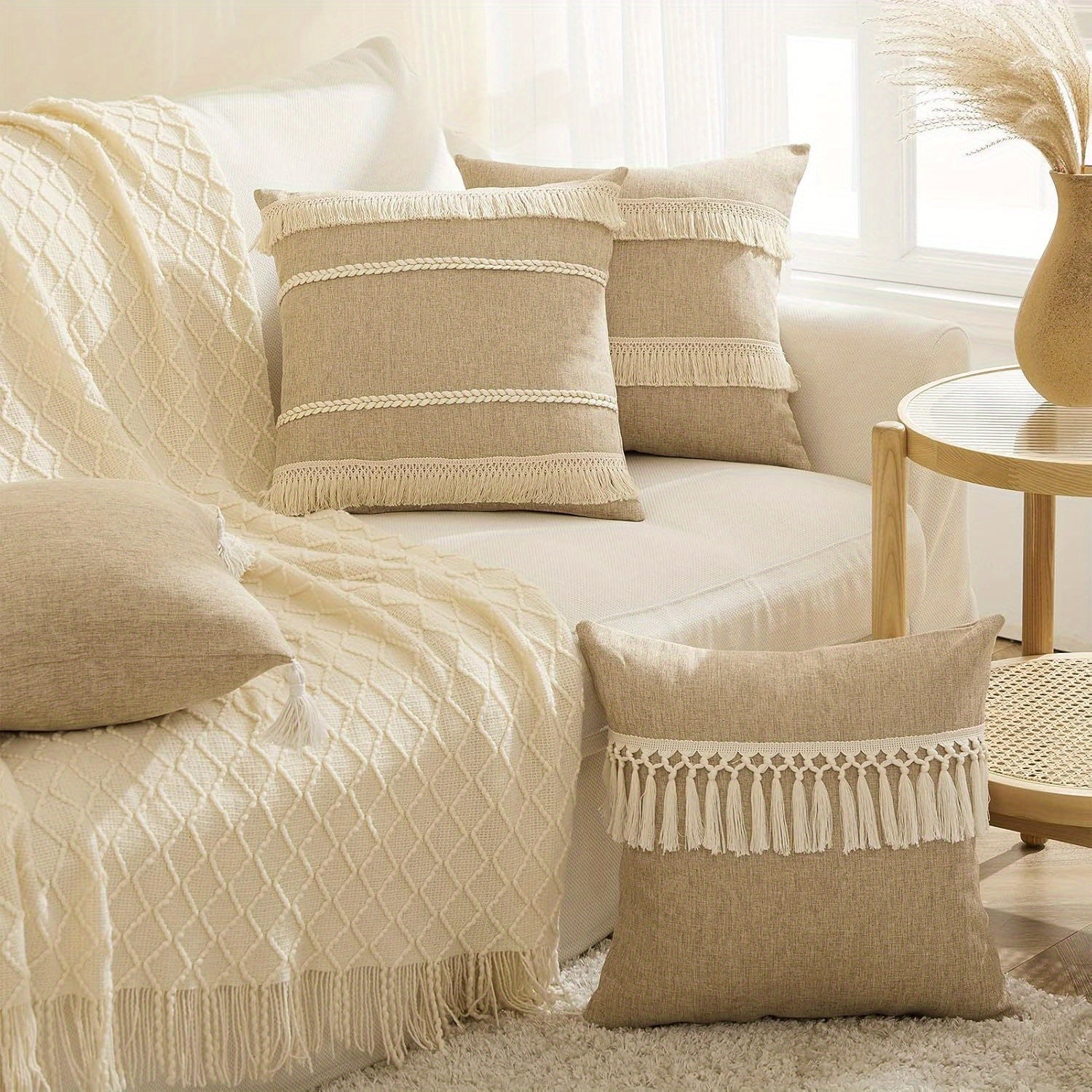 Juego de 4 Fundas de Cojín Beige de Lino Rústico para Sofá y Cama