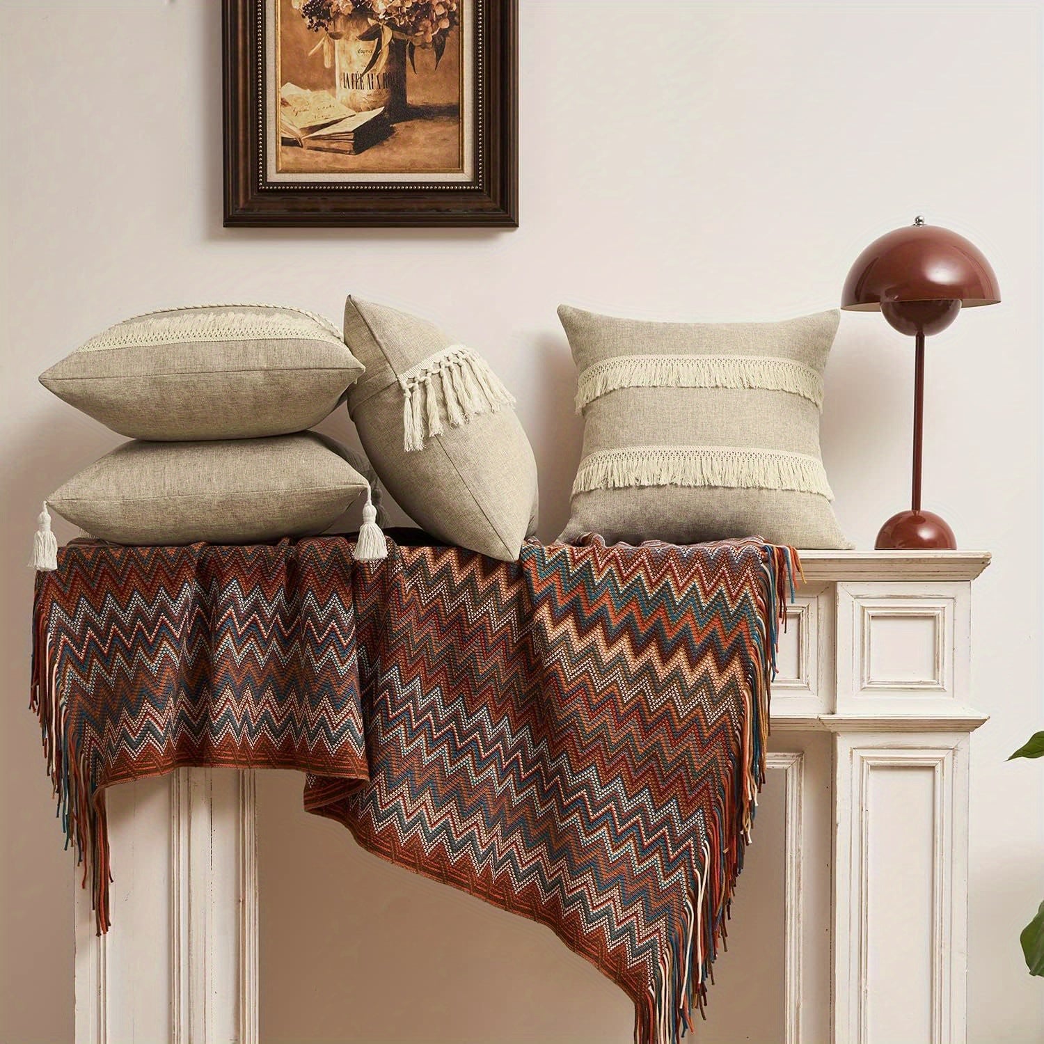 Juego de 4 Fundas de Cojín Beige de Lino Rústico para Sofá y Cama