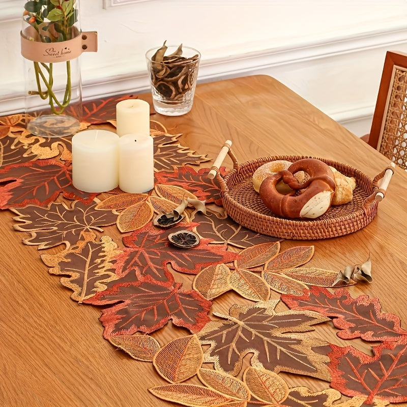 Camino de Mesa Hojas de Arce de Otoño - Poliéster, Ideal para Decoración Otoñal
