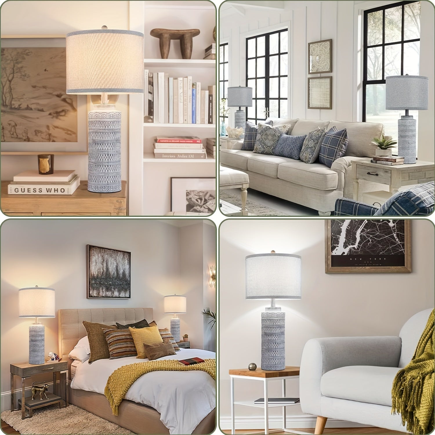 Set de 2 Pantallas de Mesa Cerámicas con Pantalla de Tela Gris