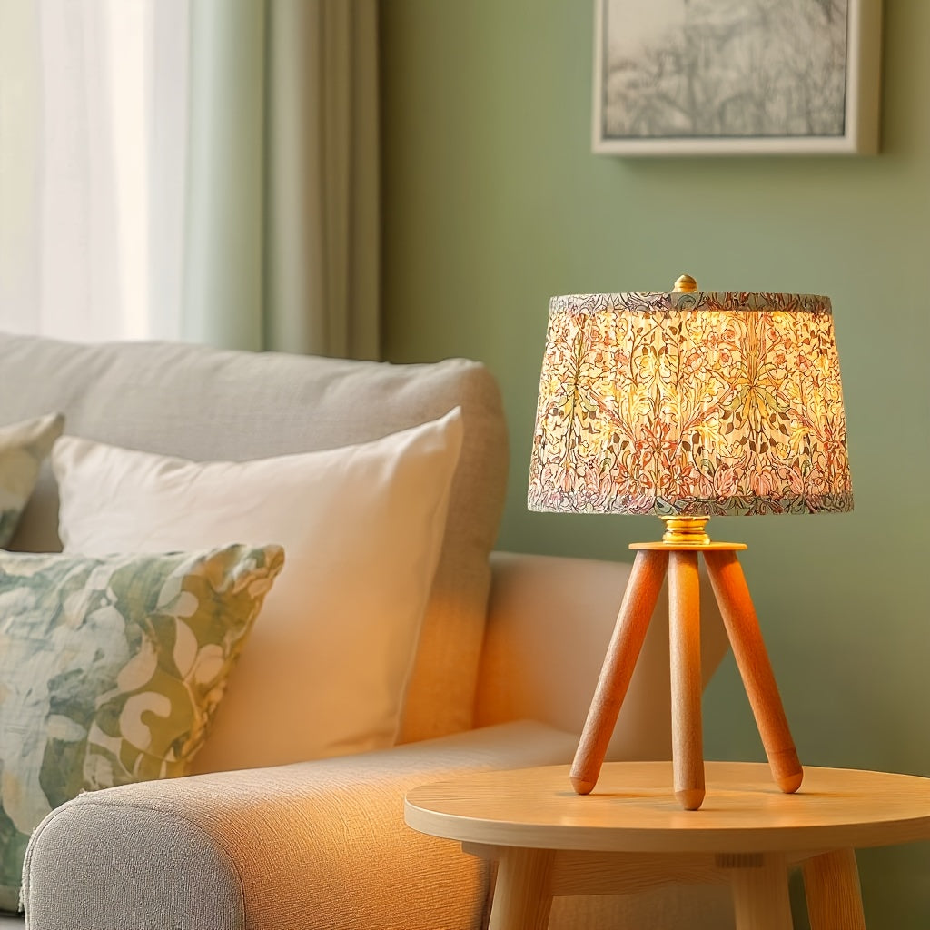 Lámpara de Mesa Trípode de Madera con Pantalla Floral Verde, 14 Pulgadas
