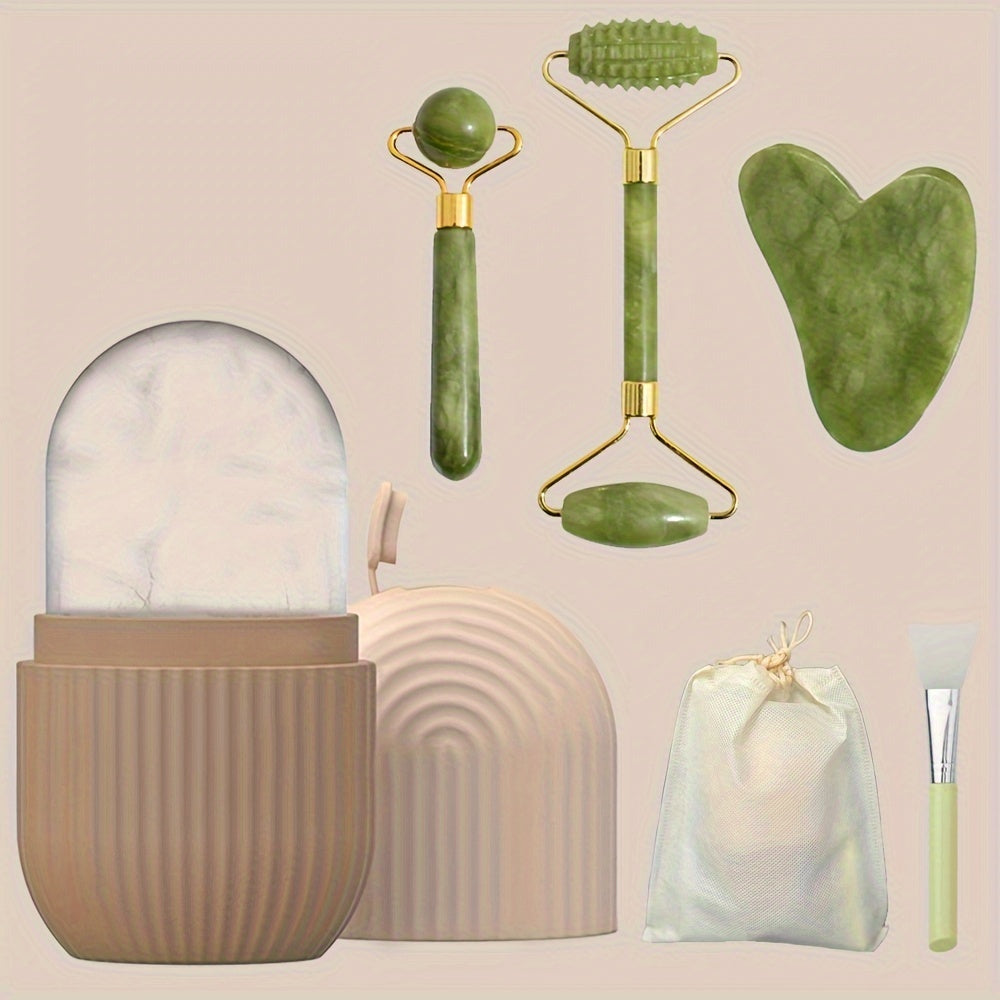 Set de 5 Piezas: Rodillo de Hielo y Gua Sha de Jade Artificial