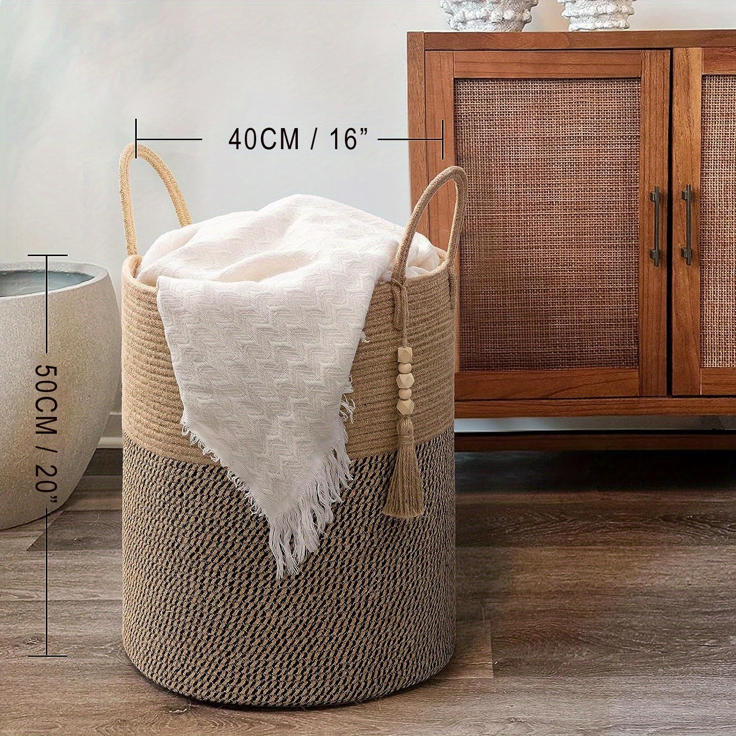 Cesta de almacenamiento plegable con asas beige y negra