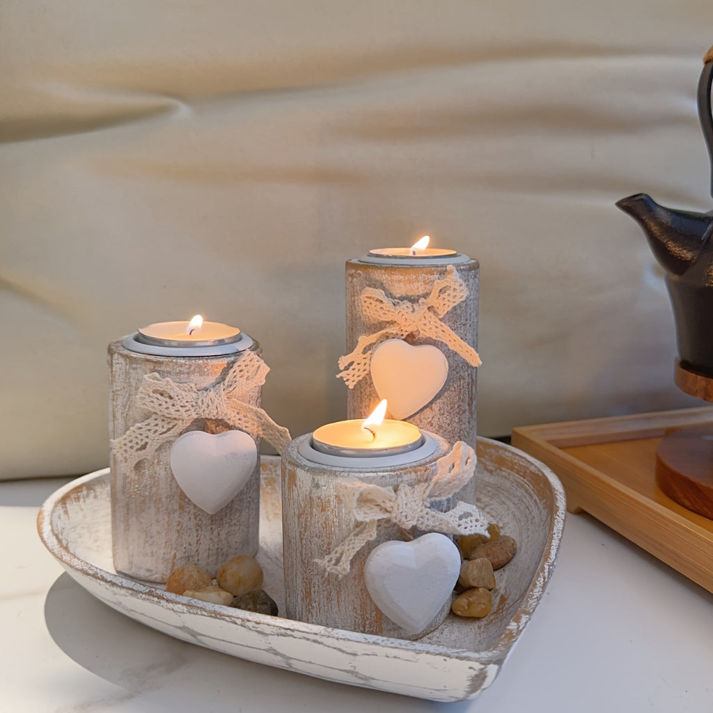 Set de Portavelas de Madera Blanca, Decoración Elegante para el Hogar