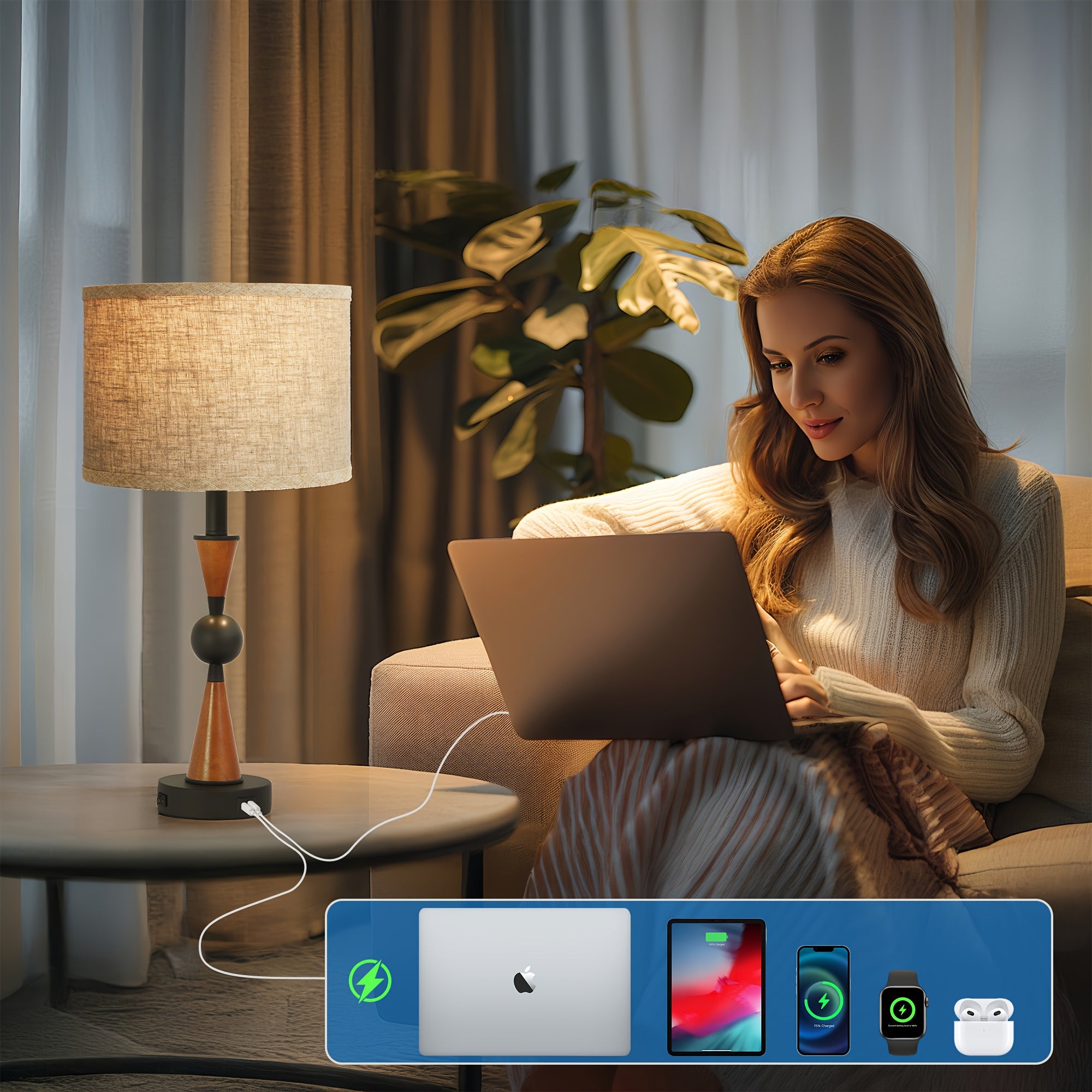 Lámpara de Mesa Doble USB-C y USB-A con Pantalla de Lino