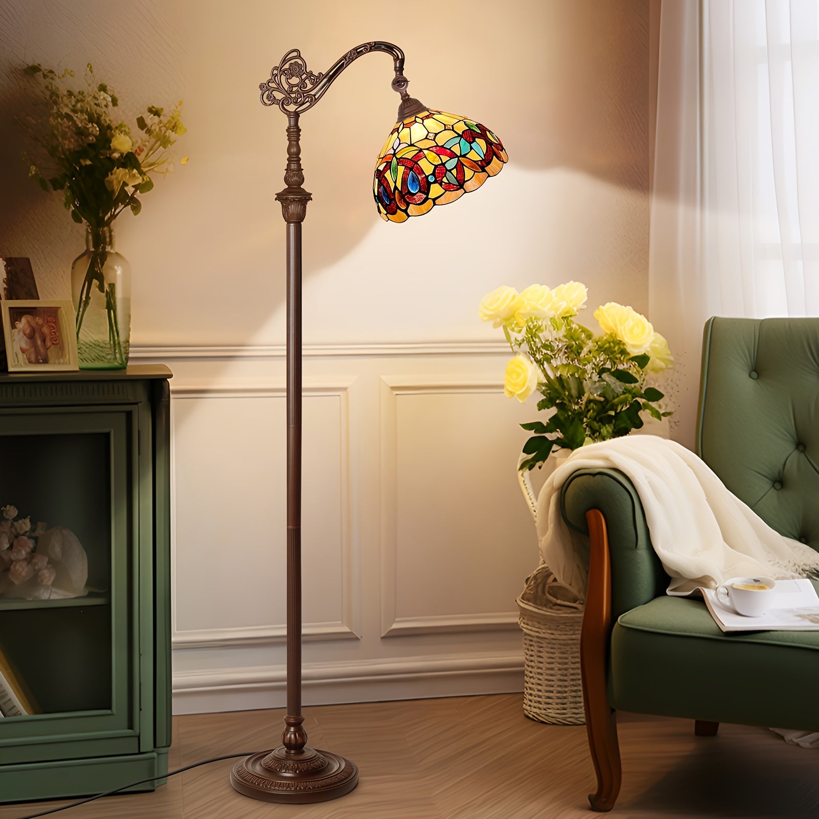 Lámpara de Pie Vintage con Pantalla de Cristal Satinado y Cuello Ajustable