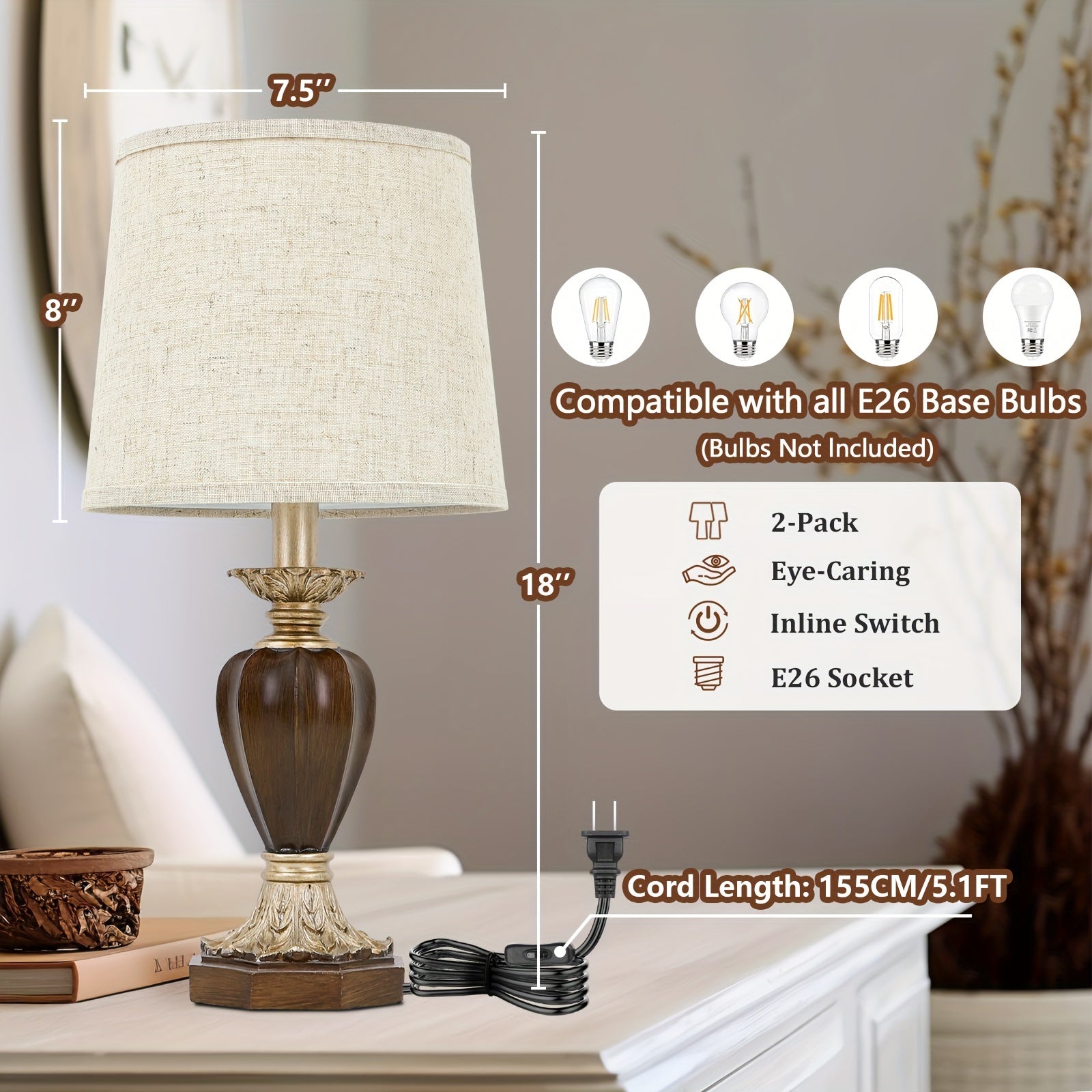 Set de 2 lámparas de mesa con pantalla de tela crema