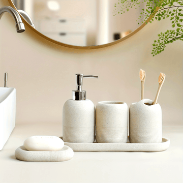Set de Baño 5 Piezas: Dispensador, Vaso, Portacepillos, Jabonera, Bandeja
