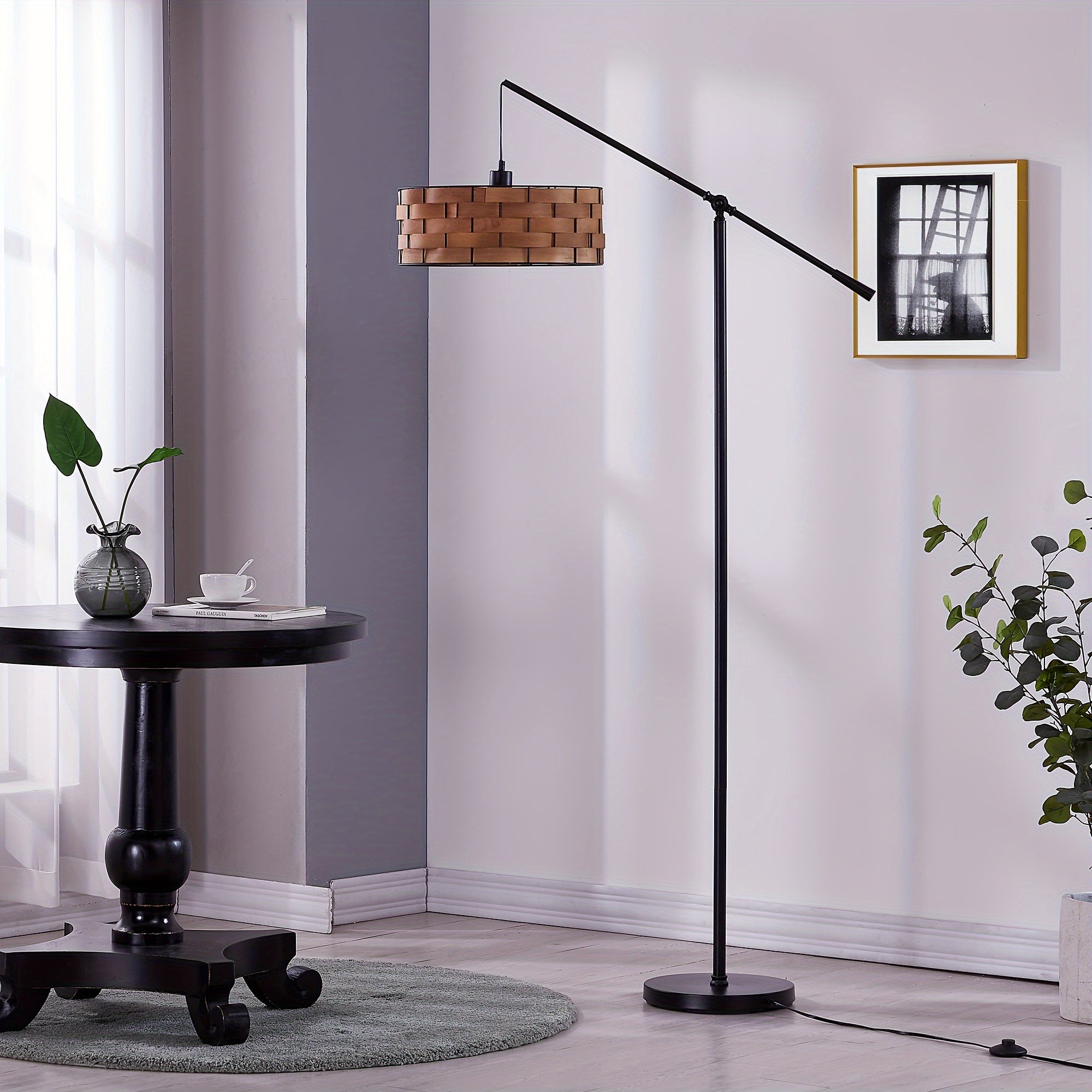 Lámpara de Pie Rústica Negra con Pantalla de Madera