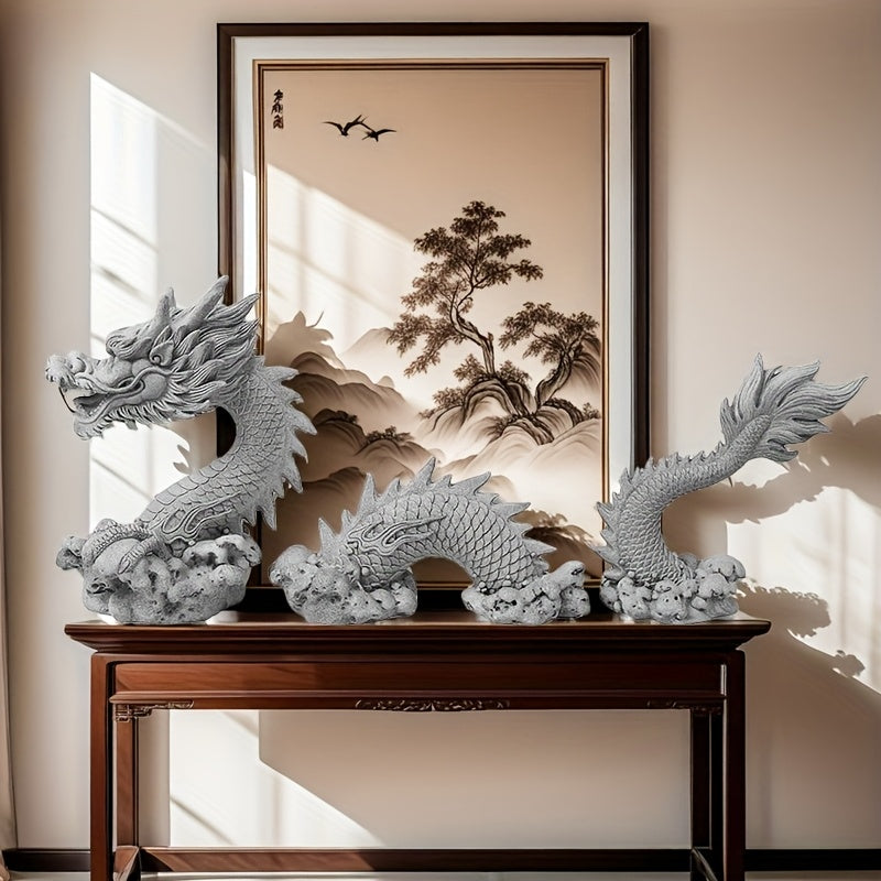 Set de 3 Dragones de Piedra Tallada para Decoración de Hogar y Oficina