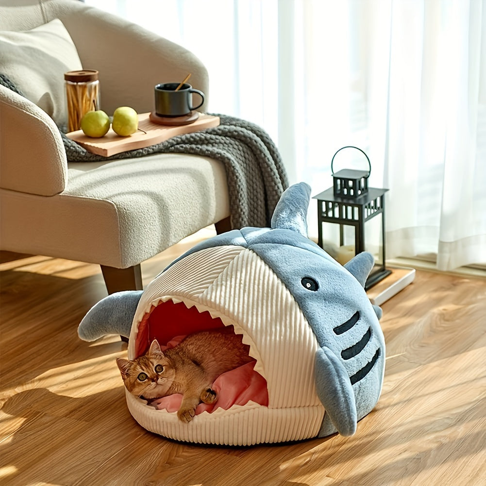 Cama para Mascotas con Forma de Tiburón, Acolchada y Lavable