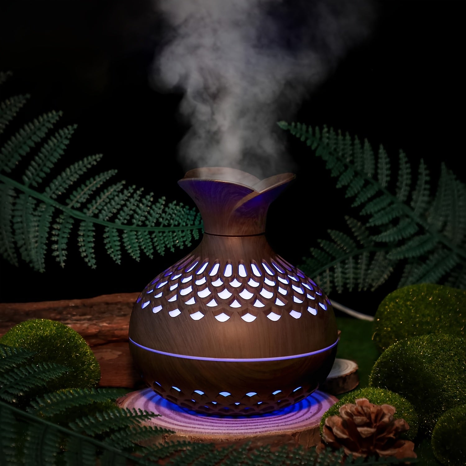 Difusor de Aromas de Madera Oscura con LED y Humidificador USB
