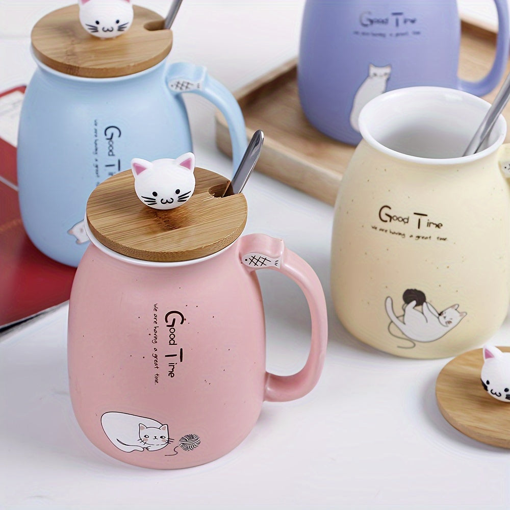 Taza de Cerámica con Tapa y Cuchara, 420ml, Diseño de Gato