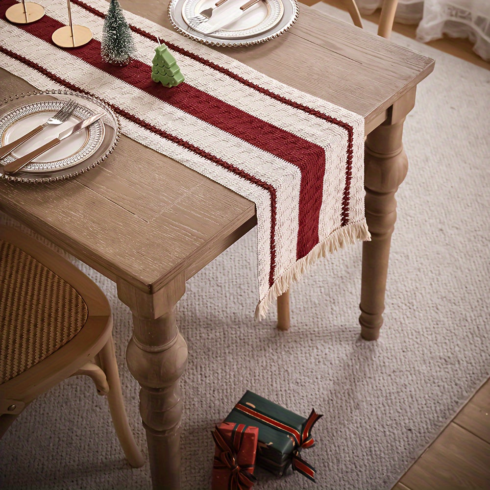 Camino de Mesa Rústico de Algodón-Lino con Borlas, Rojo Oscuro