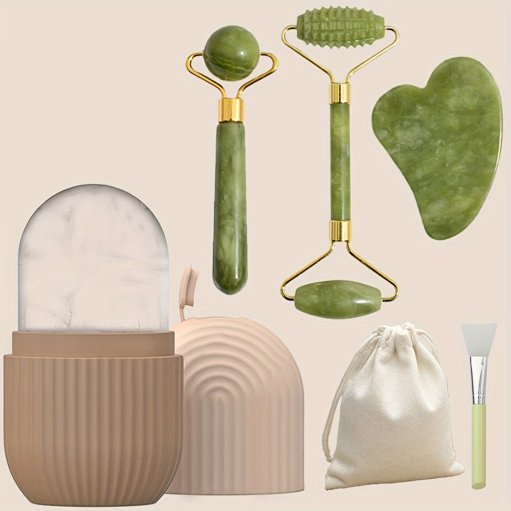 Set de 5 Piezas: Rodillo de Hielo y Gua Sha de Jade Artificial